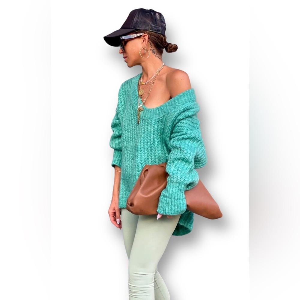 Free People Blue Bell V-Neck Sweater Electric Teal - Picture 2 of 5